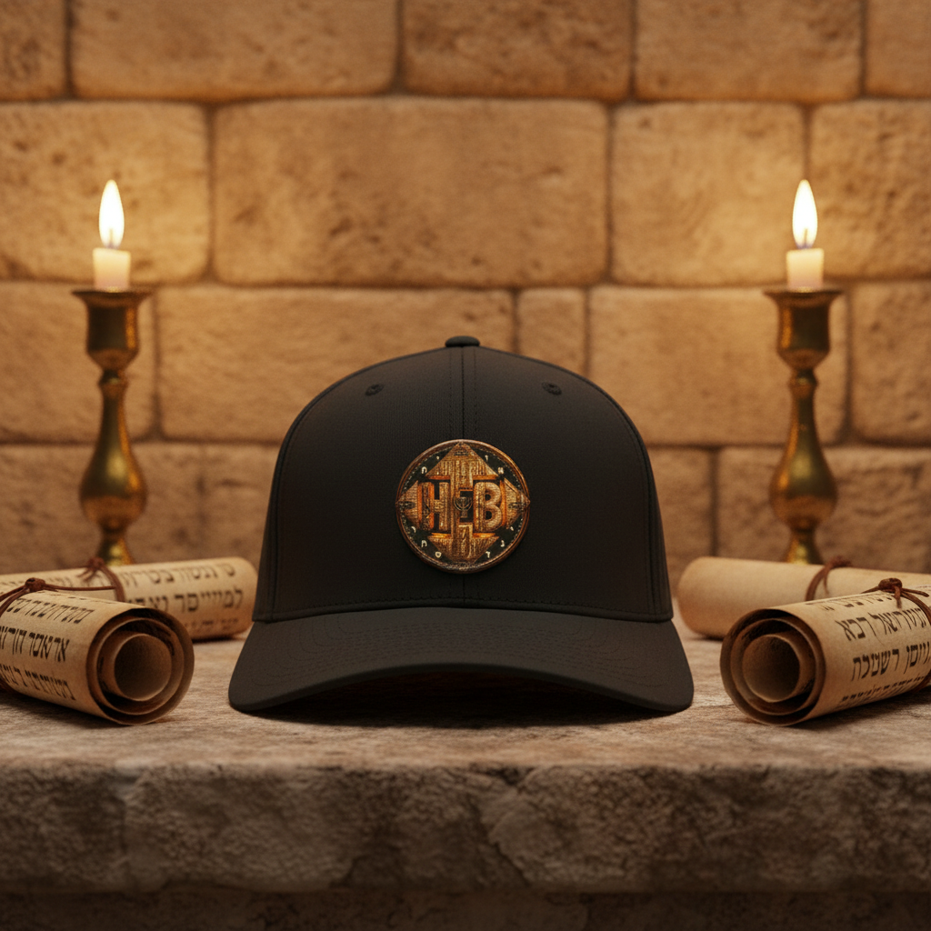 The Four Corners of the Faith twill baseball cap displayed between two candles and Hebrew scrolls against a stone wall background.