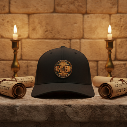 The Four Corners of the Faith twill baseball cap displayed between two candles and Hebrew scrolls against a stone wall background.