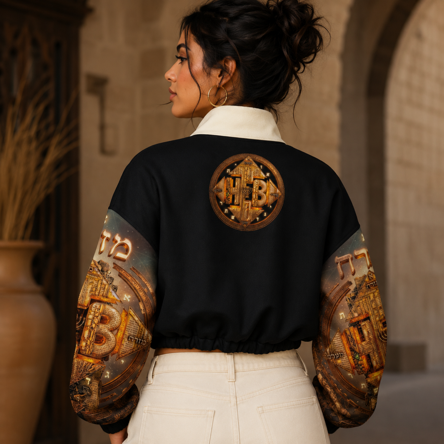 Back view of a woman wearing the black Hebrew World Four Corners of the Faith cropped fleece bomber with a circular graphic emblem.