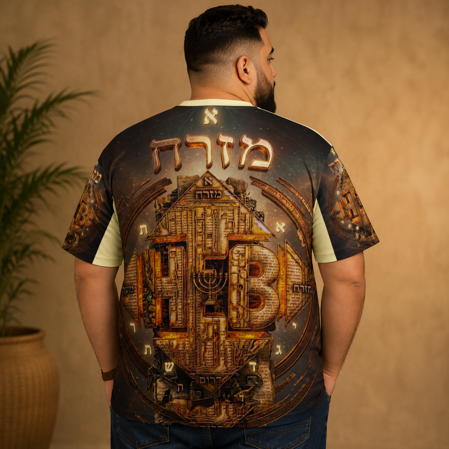 Back view of a man wearing the Hebrew World t-shirt, showing the full-print golden mystical faith design.
