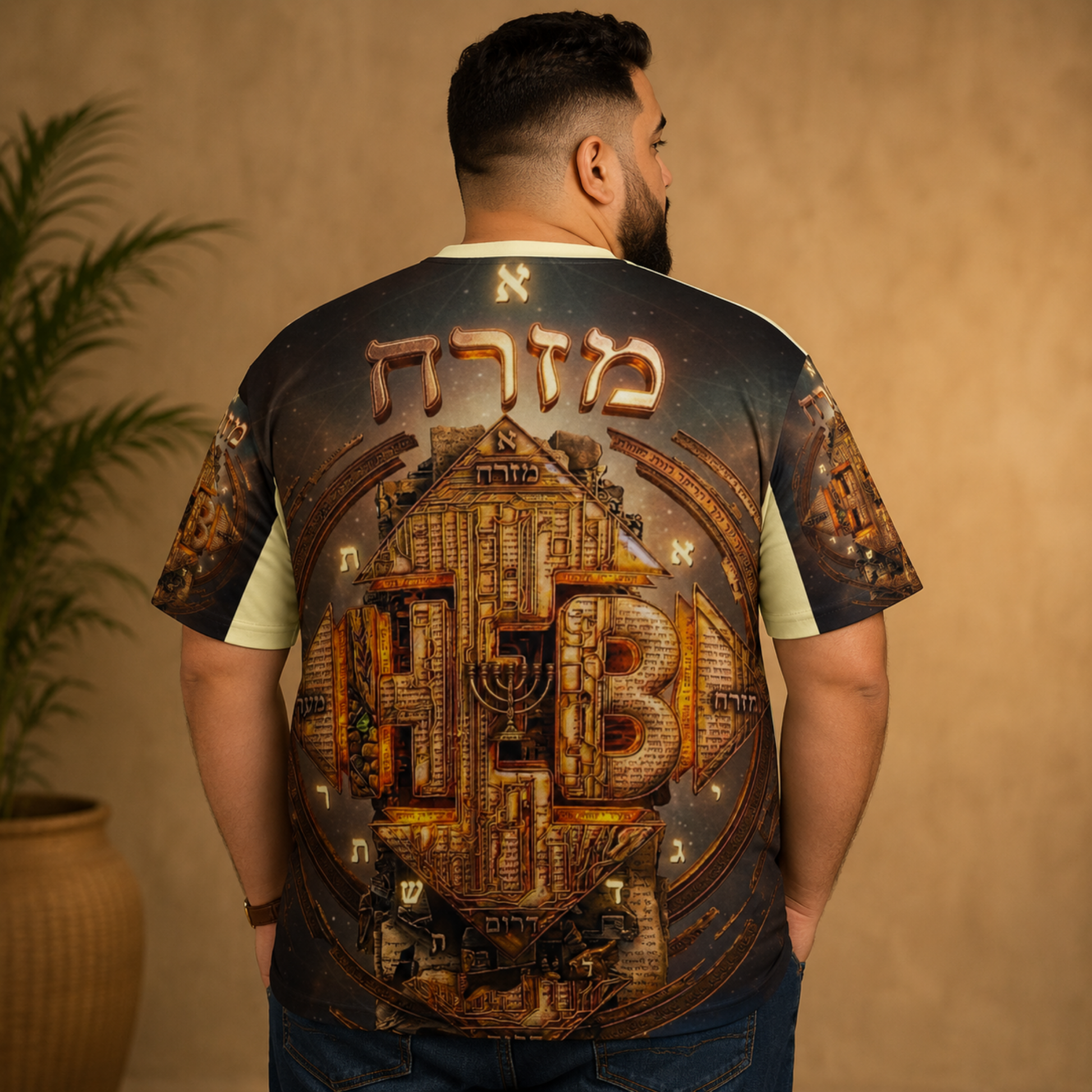 Back view of a man wearing the Hebrew World t-shirt, showing the full-print golden mystical faith design.