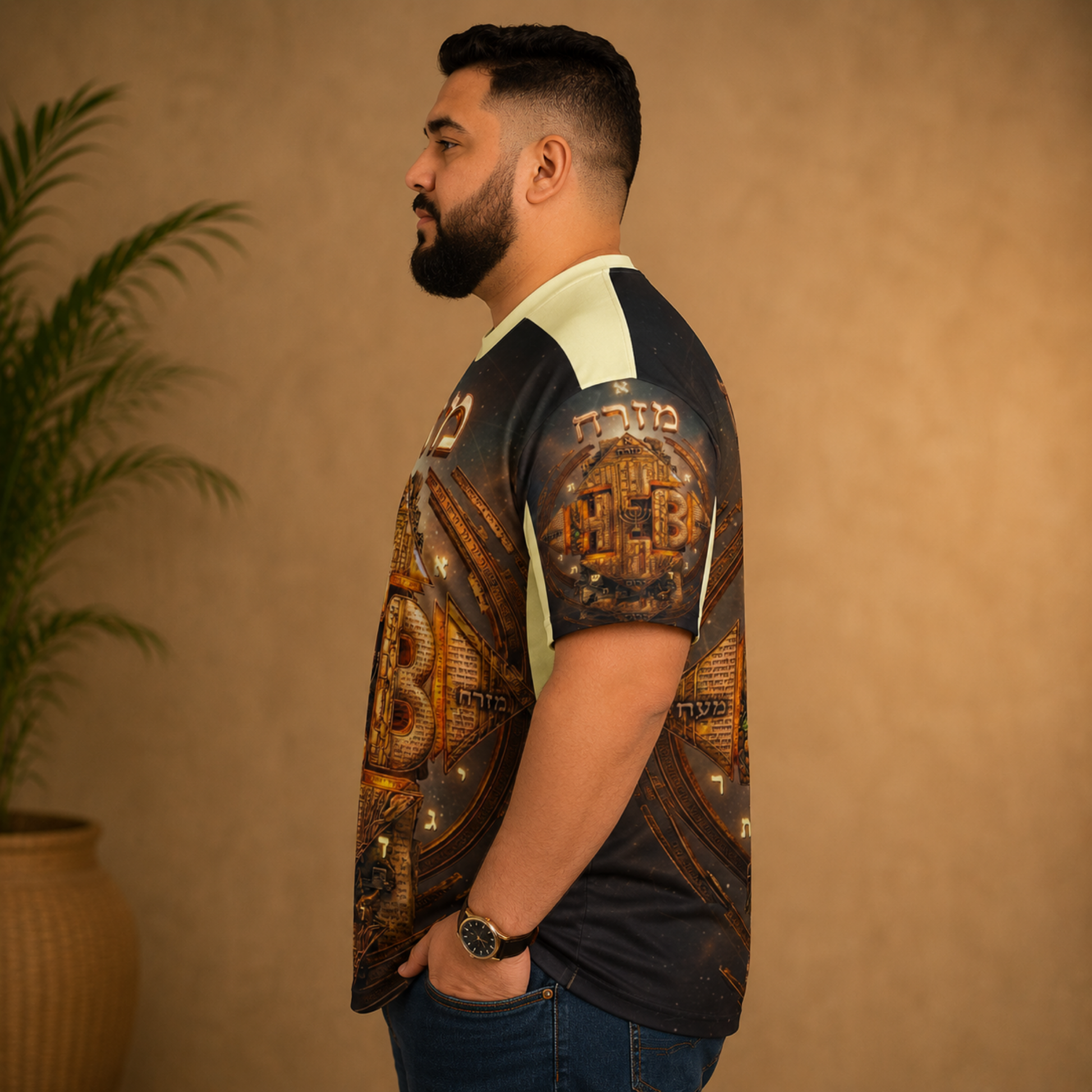 Left side profile view of a man showcasing the printed sleeve design on the Hebrew World drop-shoulder t-shirt.