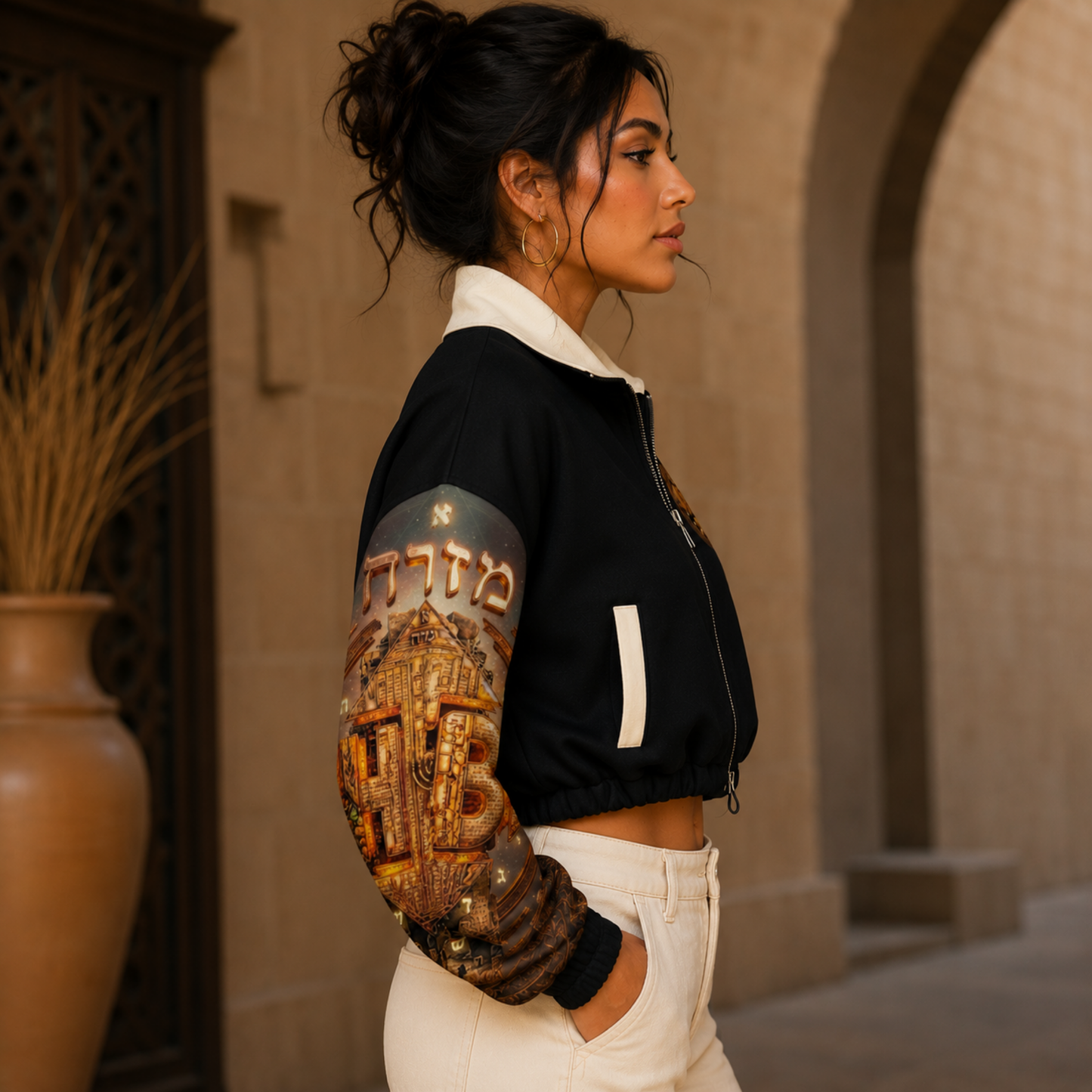 Profile view of a woman in the Hebrew World black cropped streetwear fleece bomber jacket, showing detailed right sleeve artwork.