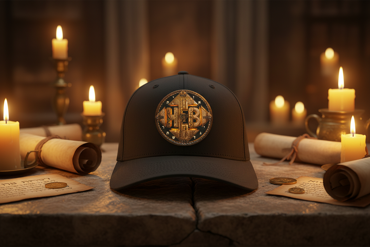 Hebrew World Four Corners of the Faith twill baseball cap on a stone table surrounded by burning candles and ancient scrolls.