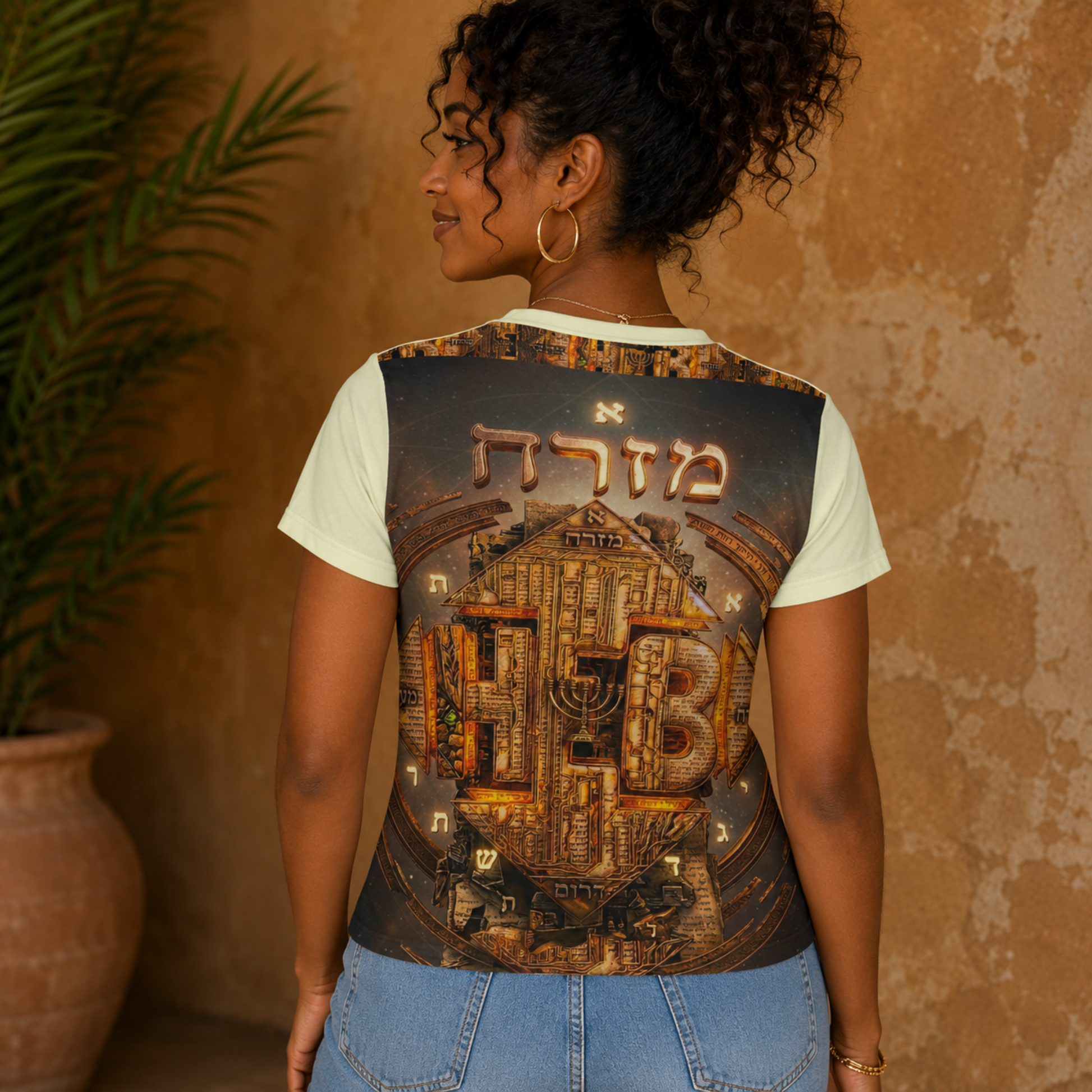 Rear view of a woman showcasing the back of the Hebrew World women's fitted tee, featuring a highly detailed golden ancient graphic design.