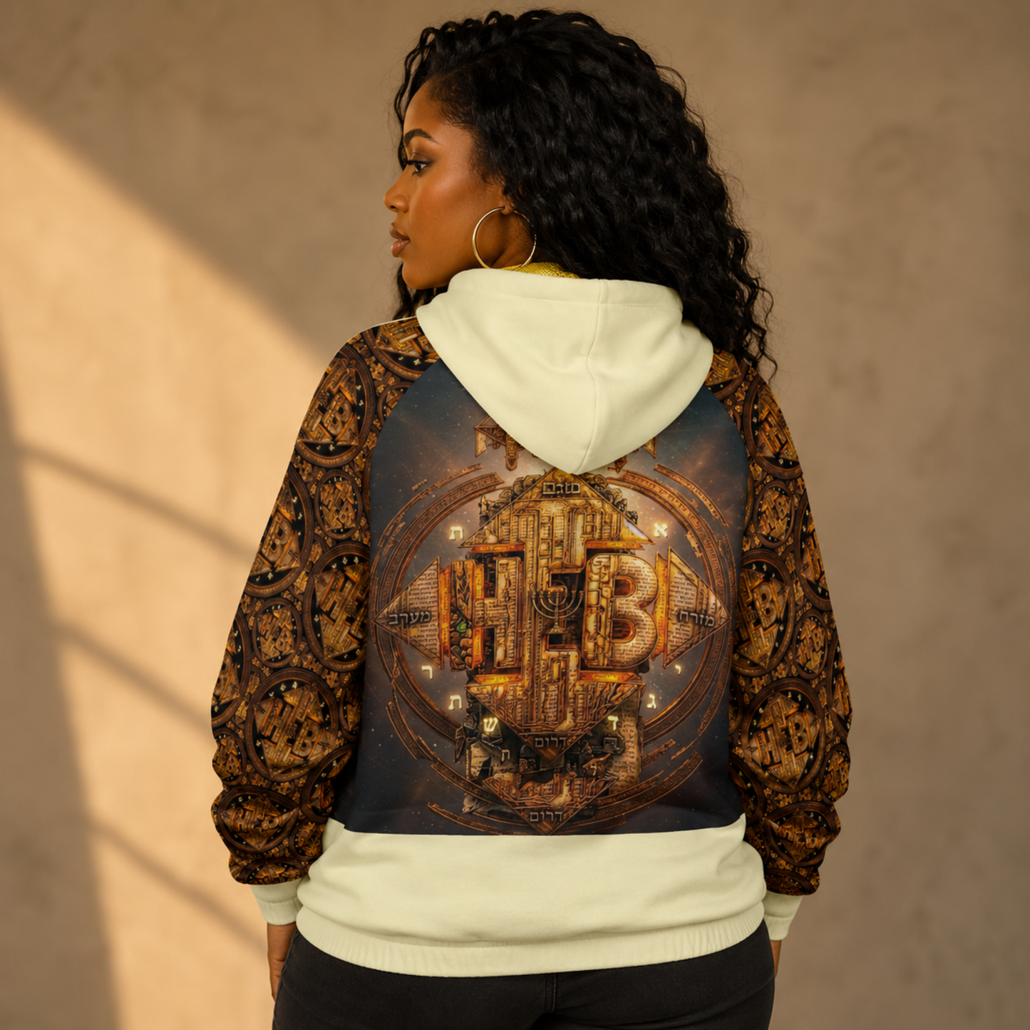 Back view of a woman wearing the Hebrew World Four Corners of the Faith women's half-zip raglan hoodie.