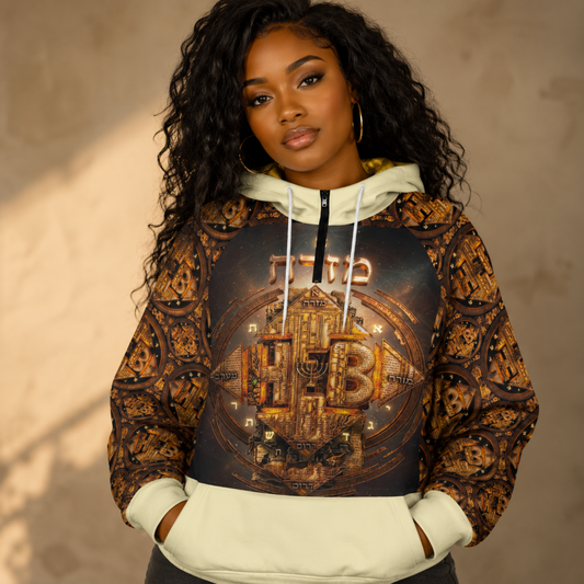 A woman wearing the Hebrew World Four Corners of the Faith women's half-zip raglan hoodie, front view.