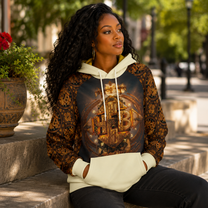 Lifestyle view of a woman sitting outdoors on stone steps wearing the Hebrew World half-zip raglan hoodie.