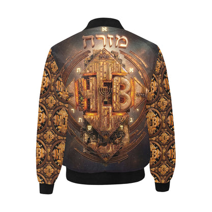 Studio product shot of the back of the black bomber jacket, highlighting the detailed golden Hebrew artwork isolated on a white background.