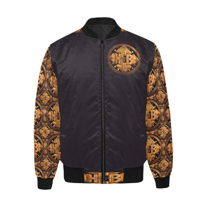 Studio product shot of the front of the black quilted bomber jacket with patterned sleeves and round chest graphic on a white background.