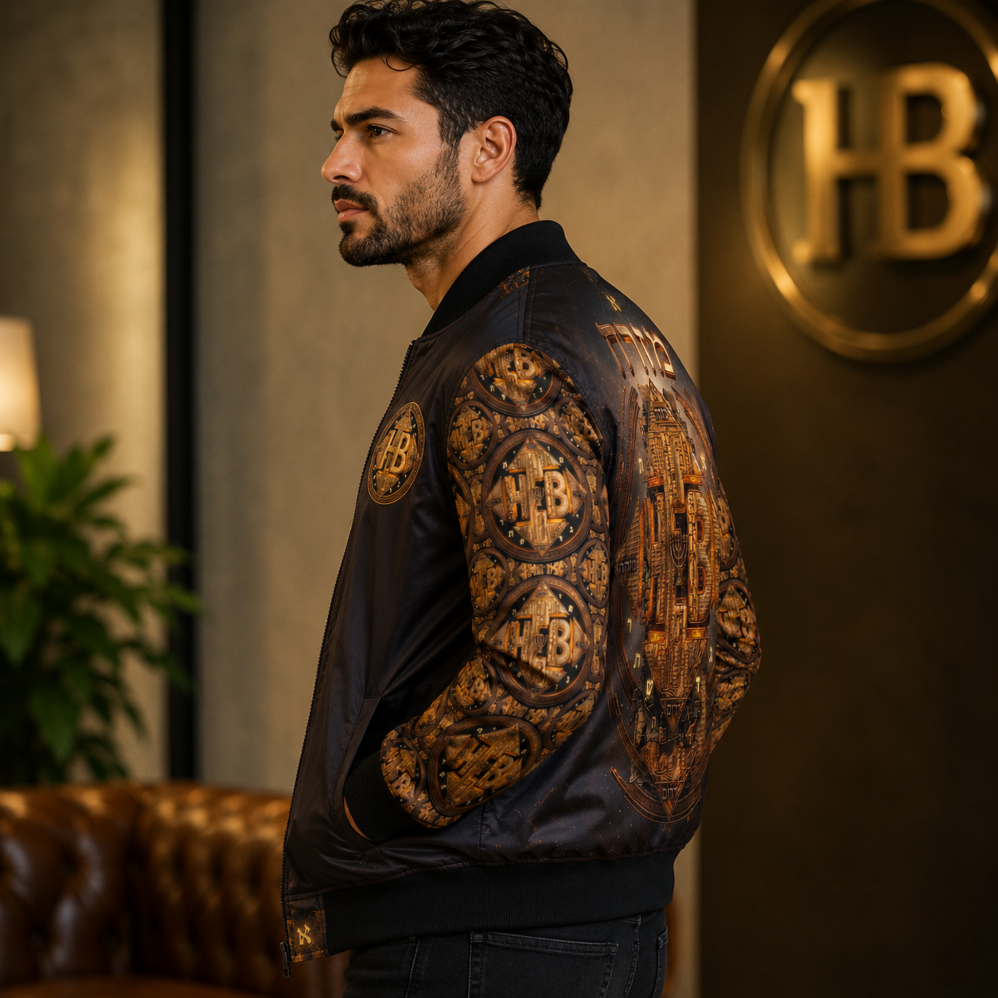 An angled rear view of a man showing off the elaborate golden artwork and Hebrew lettering across the back and sleeves of the black bomber jacket.