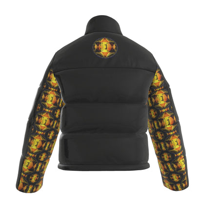 Back view of the Royal Radiance puffer jacket featuring patterned sleeves and an emblem centered on the upper back.