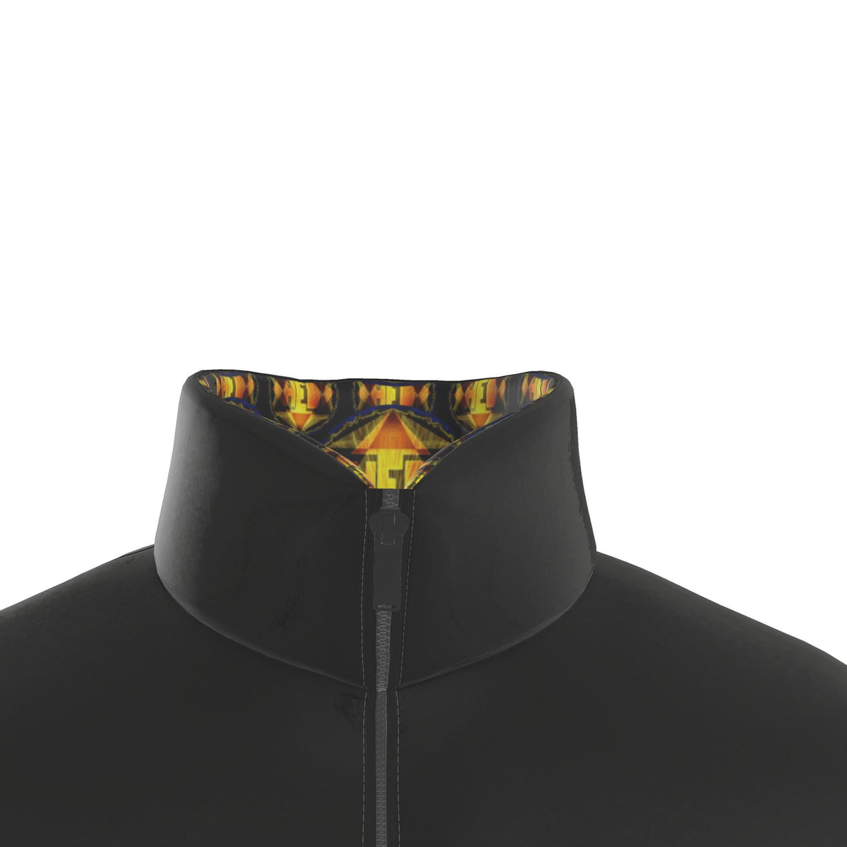 Close-up shot of the zipped stand collar on the black Royal Radiance puffer jacket highlighting the inner collar geometric pattern.