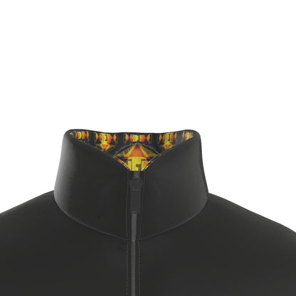 Close-up shot of the zipped stand collar on the black Royal Radiance puffer jacket highlighting the inner collar geometric pattern.