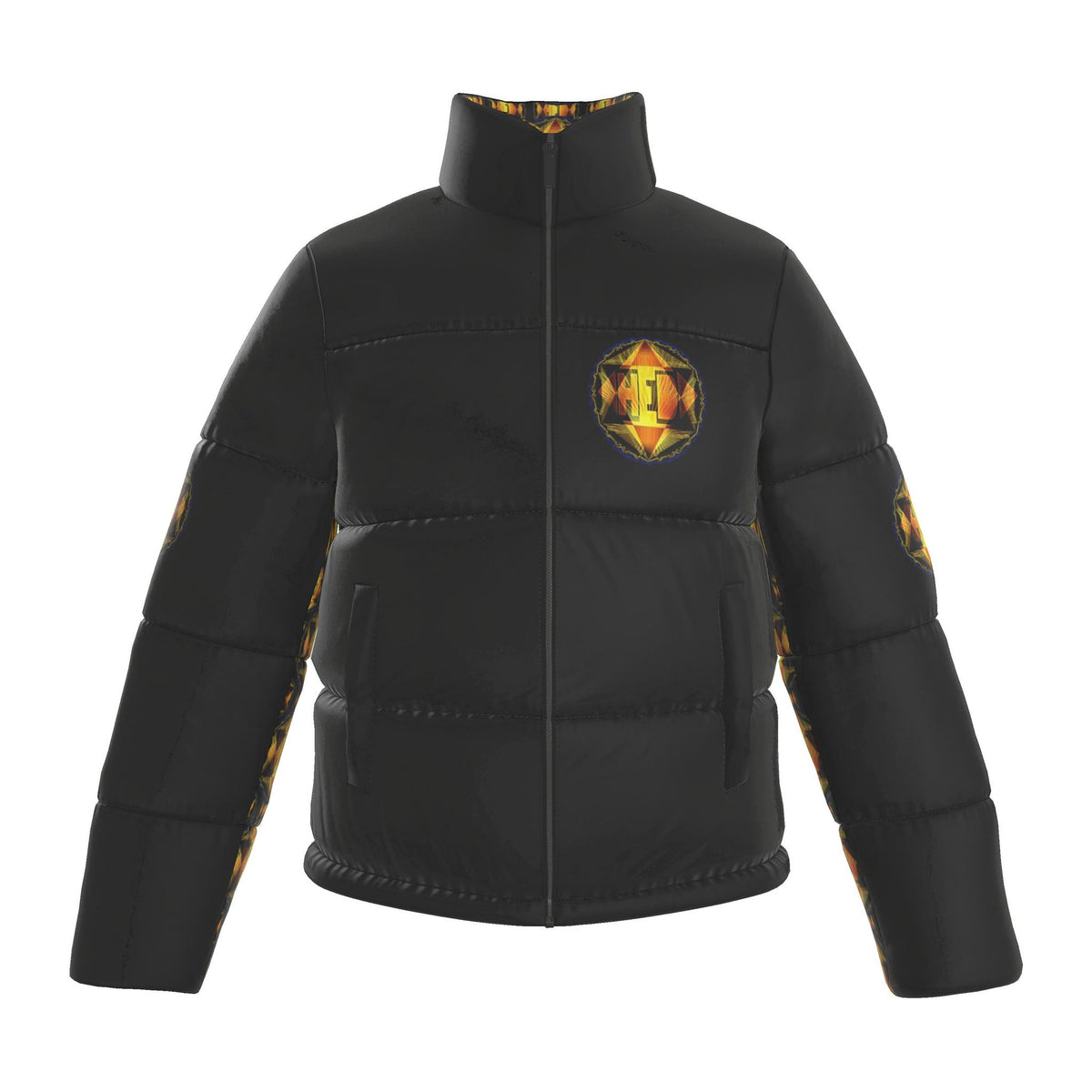 Front view of the Hebrew World Royal Radiance men's stand-collar black puffer jacket featuring an amber emblem on the chest.