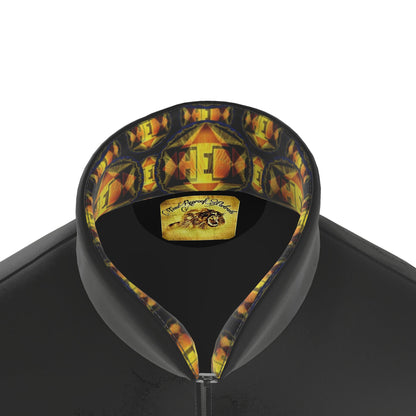 Close-up of the open stand-collar on the Royal Radiance jacket showing the branded lion neck label and patterned inner trim.