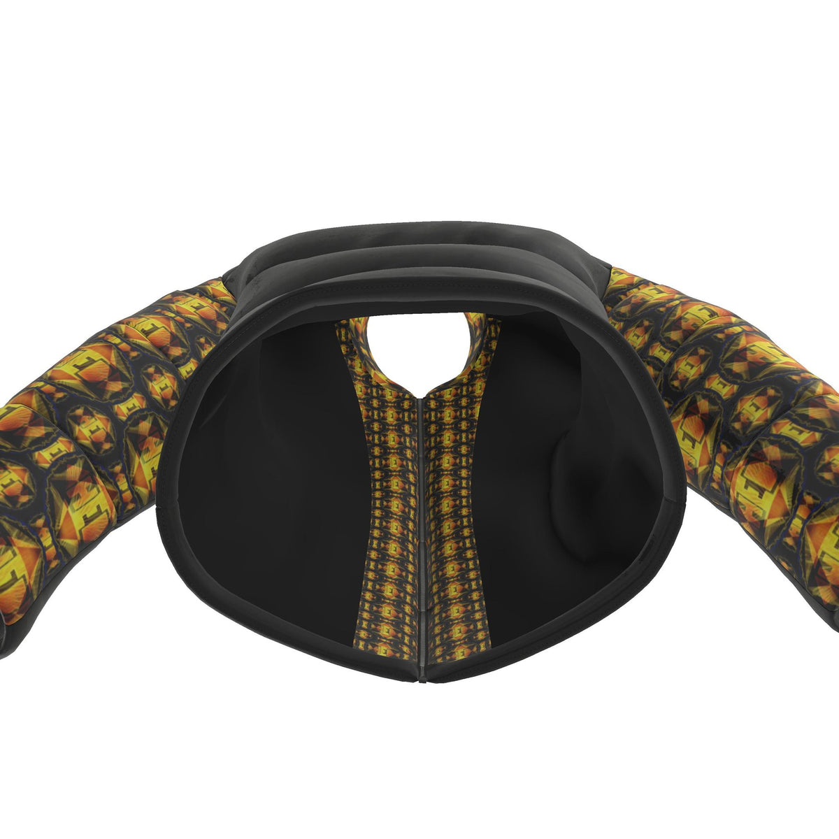 Interior overhead view of the Royal Radiance puffer jacket showing the black lining and patterned center-back accent panel.