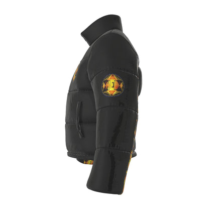 Left-side view of the Hebrew World Royal Radiance puffer jacket showing patterned arm underlays and the sleeve crest insignia.