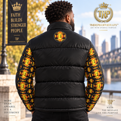 Rear view of a model wearing the Royal Radiance puffer jacket showcasing the fully patterned sleeves and upper back emblem.