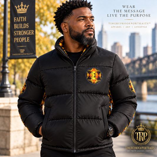 Model outdoors wearing the black Hebrew World Royal Radiance stand-collar puffer jacket with hands in pockets.