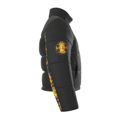 Right profile view of the Royal Radiance black puffer jacket displaying the glowing geometric emblem printed on the upper sleeve.
