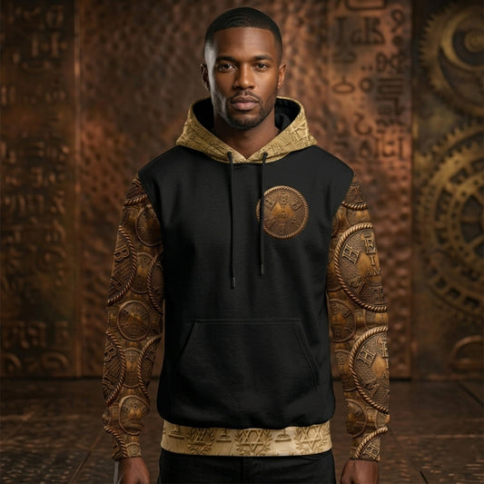 Front view of a Black man modeling the "I AM HEBREW" black and gold hoodie with patterned sleeves and a central circular "I AM" gold emblem.