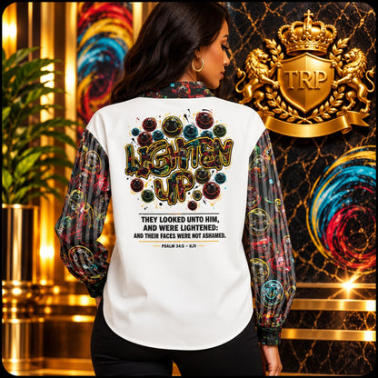 Back view of women's band-collar long-sleeve shirt featuring Psalm 34:5 scripture typography and Lighten Up™ art.