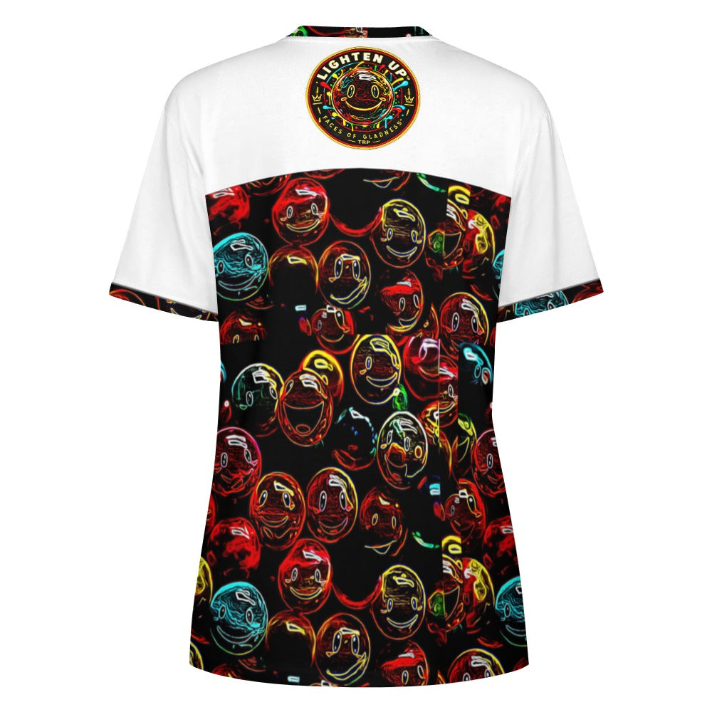 Back view of Lighten Up women's t-shirt showing colorful glowing neon faces pattern and top center emblem.