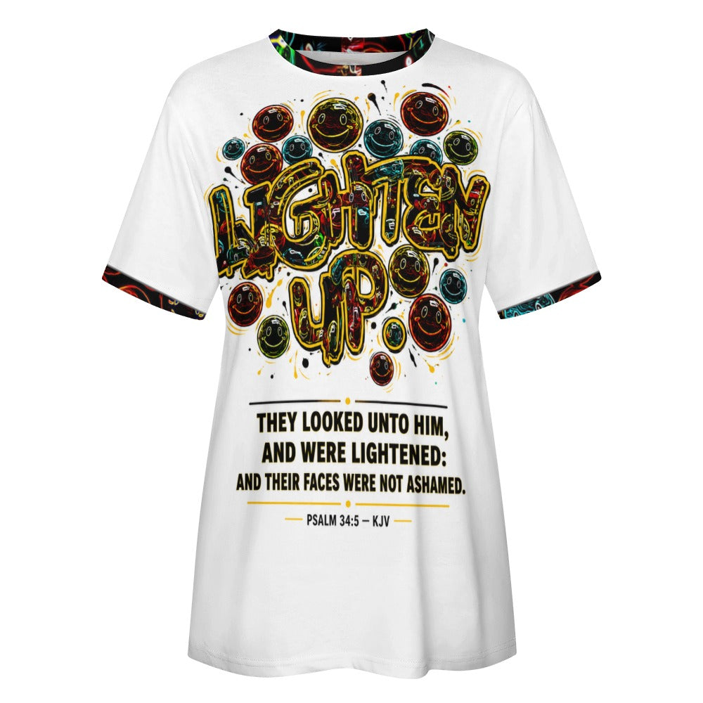 Front view of white Lighten Up Psalm 34:5 Hebrew graphic women's cotton t-shirt with colorful typography.