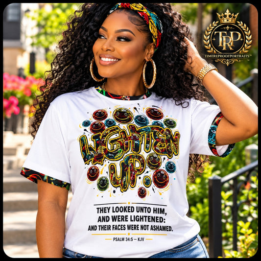 Smiling woman wearing the Lighten Up Psalm 34:5 women's cotton t-shirt with vibrant neon smiley art outdoors.