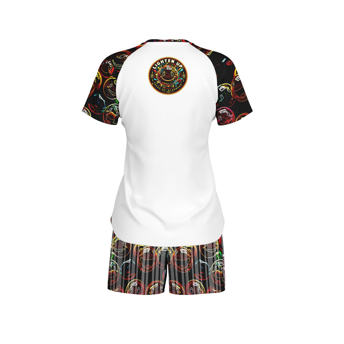Back view of Lighten Up women's raglan tee and printed lounge shorts set showing circular back emblem on clean white background.