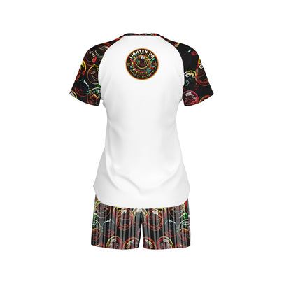 Back view of Lighten Up women's raglan tee and printed lounge shorts set showing circular back emblem on clean white background.