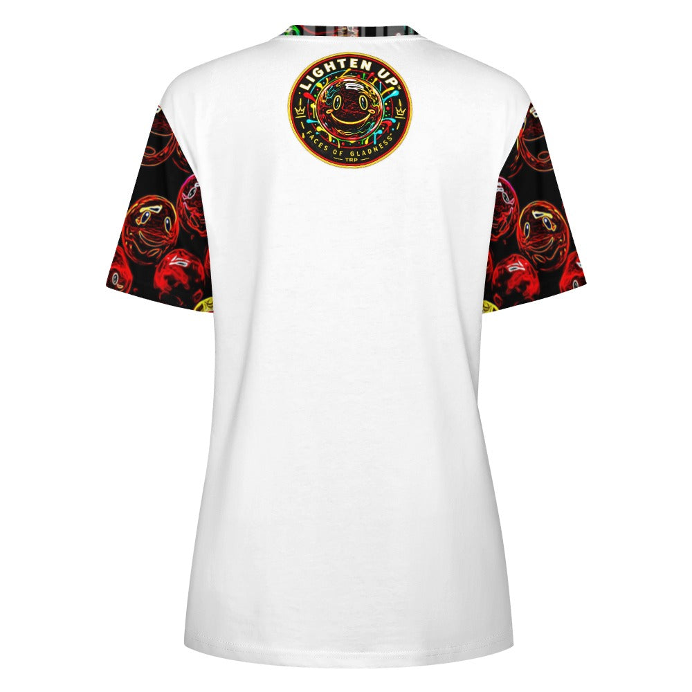 Back product flat of white cotton T-shirt featuring patterned sleeves and circular Lighten Up Faces of Gladness back crest.