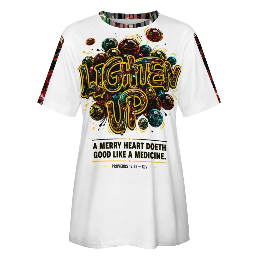 Front product flat of the Lighten Up Proverbs 17:22 white cotton T-shirt with bold typography and colorful smiley faces.