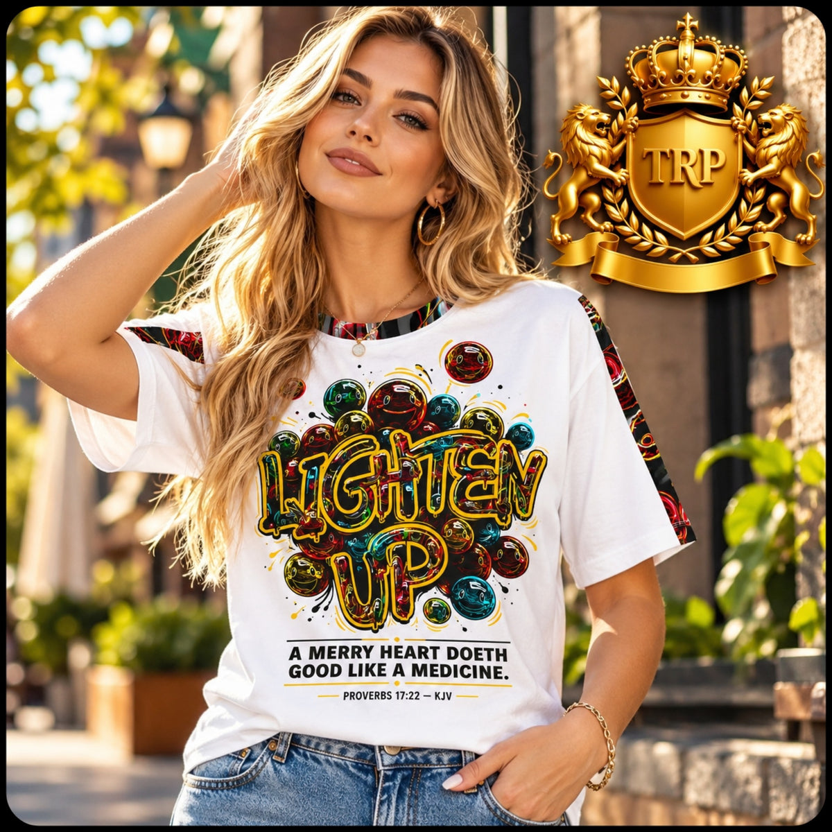 Woman wearing the Lighten Up Proverbs 17:22 white cotton T-shirt with smiley graphic, outdoors in front of a building.