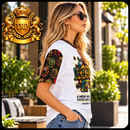 Side view of woman wearing the Lighten Up T-shirt, highlighting the black printed sleeve with colorful smiley emojis.