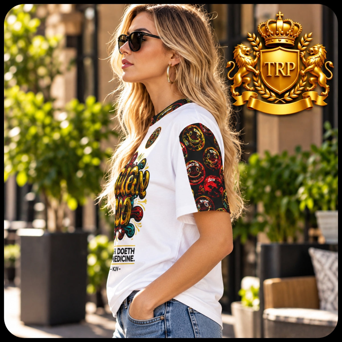 Profile view of woman modeling the Lighten Up Proverbs 17:22 tee with patterned emoji sleeve and round collar accent.