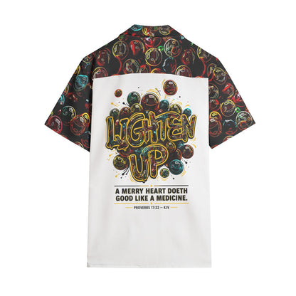Flat back view of Lighten Up shirt featuring bold graphic and A merry heart doeth good like a medicine text.