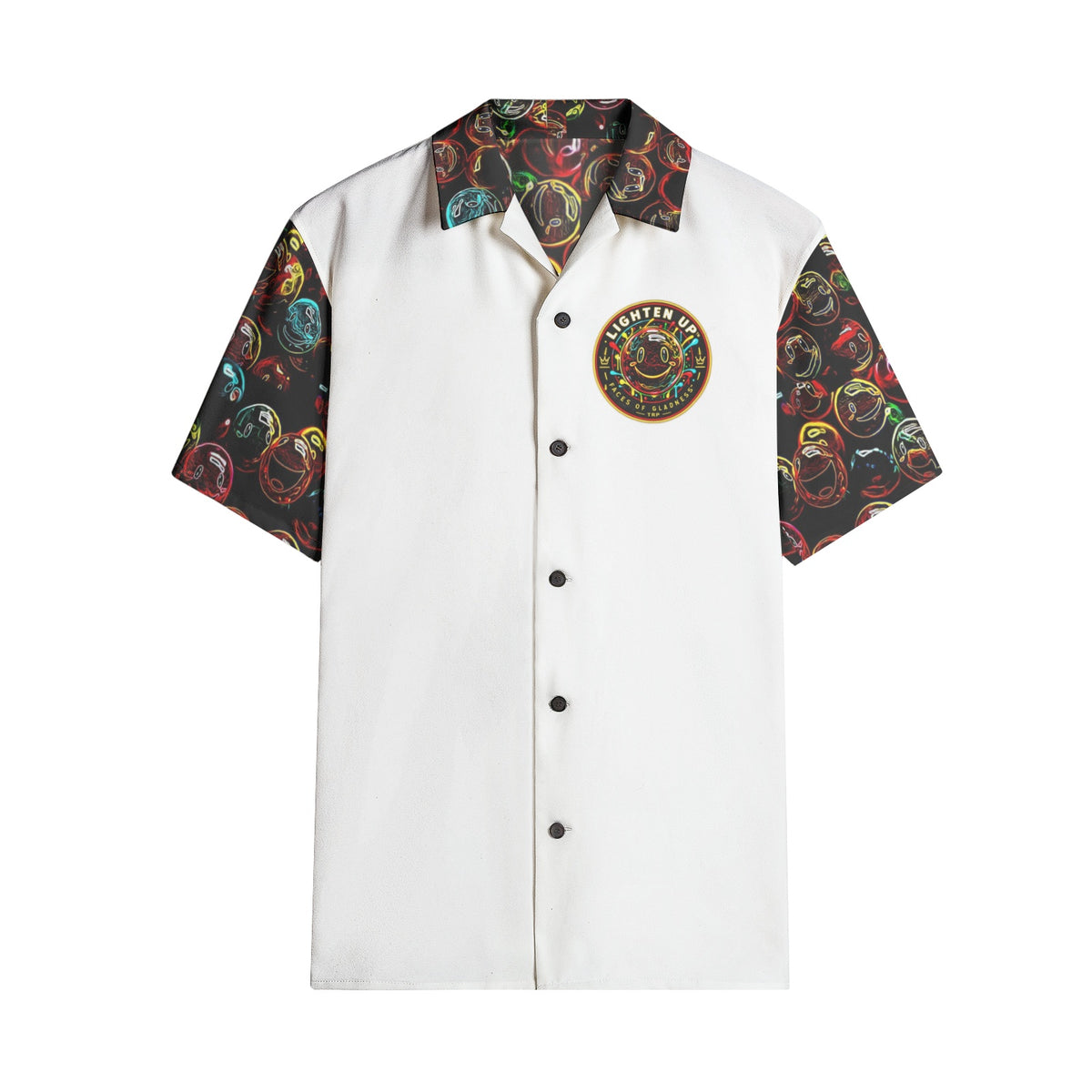 Flat front view of Lighten Up camp-collar shirt in white with smiley print collar and sleeves.