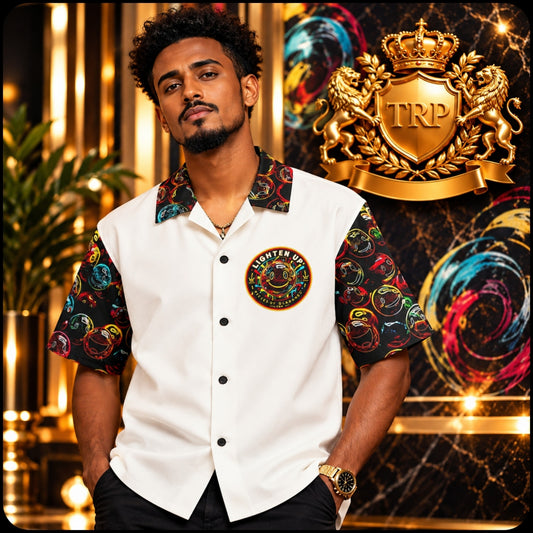 Man wearing the Lighten Up camp-collar cotton shirt featuring smiley print sleeves and front chest crest.