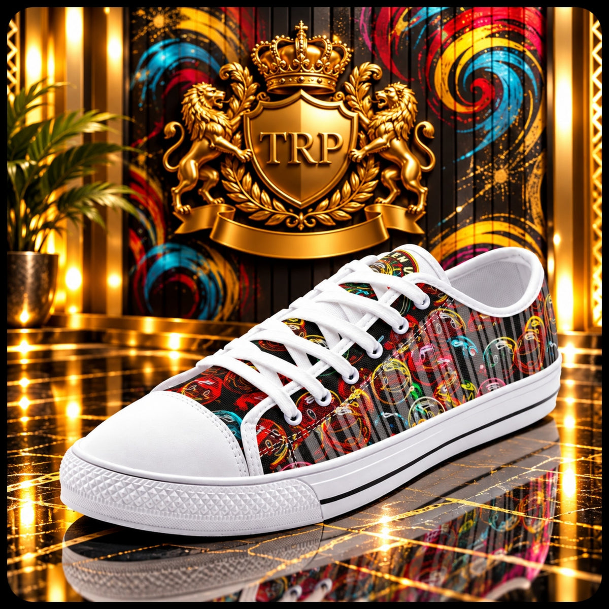 Side profile of Lighten Up 01 low-top canvas sneakers stacked on a white display box with smiling face graphics.