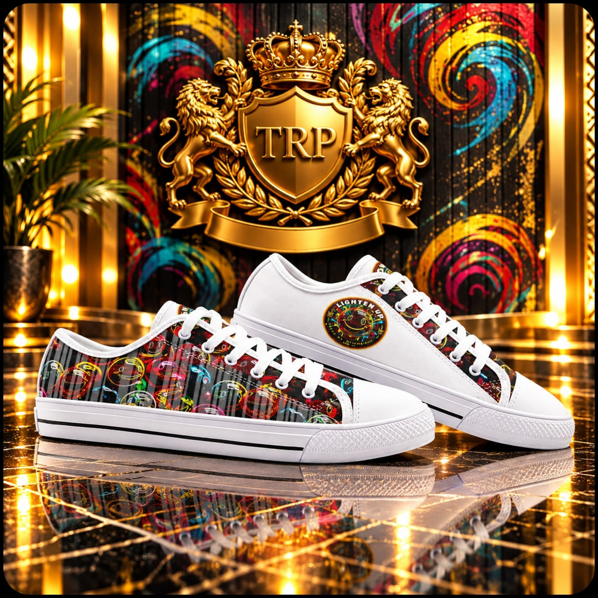 Pair of Lighten Up 01 low-top canvas sneakers displayed on a reflective floor before a gold crest emblem.