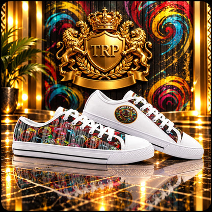 Pair of Lighten Up 01 low-top canvas sneakers displayed on a reflective floor before a gold crest emblem.