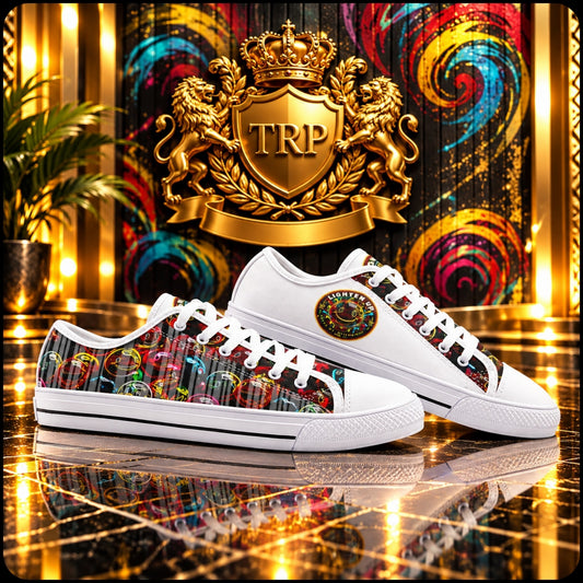 Pair of Lighten Up 01 low-top canvas sneakers displayed on a reflective floor before a gold crest emblem.