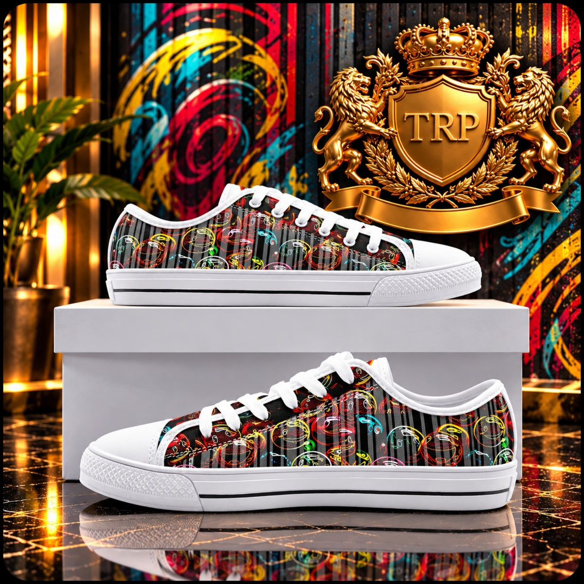 Angled front three-quarter view of the Lighten Up 01 canvas sneaker highlighting white laces and striped patterned canvas.