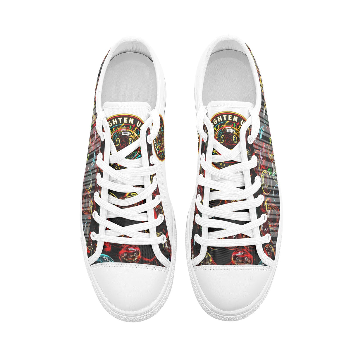 Top-down overhead studio view of Lighten Up 01 canvas sneakers on a white backdrop, showing tongue crests and laces.