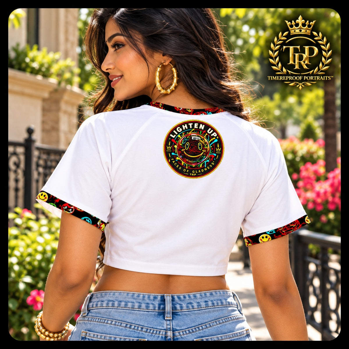 Back view of model wearing the Lighten Up raglan crop top showcasing the circular upper-back graphic.