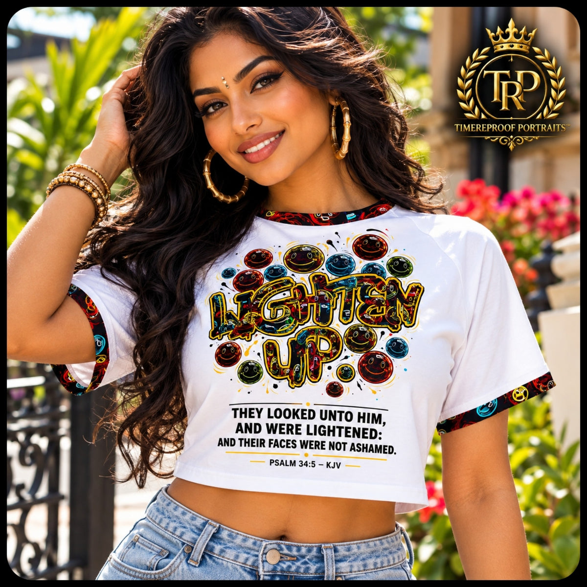 Model outdoors wearing the Lighten Up Psalm 34:5 Christian raglan crop top paired with denim jeans