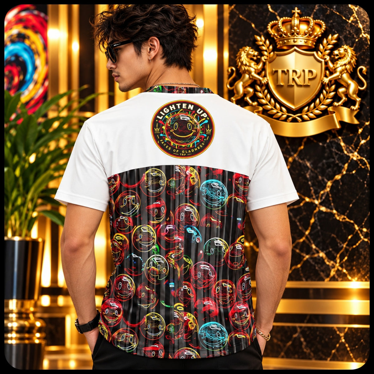 Back view of Lighten Up Psalm 34:5 cotton t-shirt featuring a neon smiley patterned panel and circular upper-back emblem.
