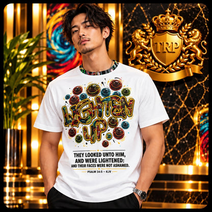 Male model wearing the Lighten Up Psalm 34:5 white cotton t-shirt with graffiti smiley faces in a luxury gold interior.